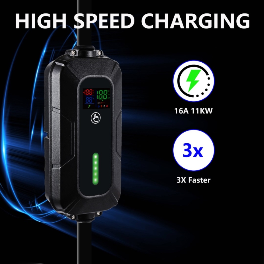 Brilagi - Estação de carregamento portátil para veículos elétricos FAST AC Tipo 2 16A/380V 11kW + ficha 230V, 3,7kW 5m + caso