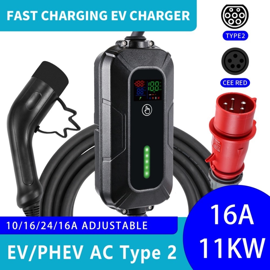 Brilagi - Estação de carregamento portátil para veículos elétricos FAST AC Tipo 2 16A/380V 11kW + ficha 230V, 3,7kW 5m + caso