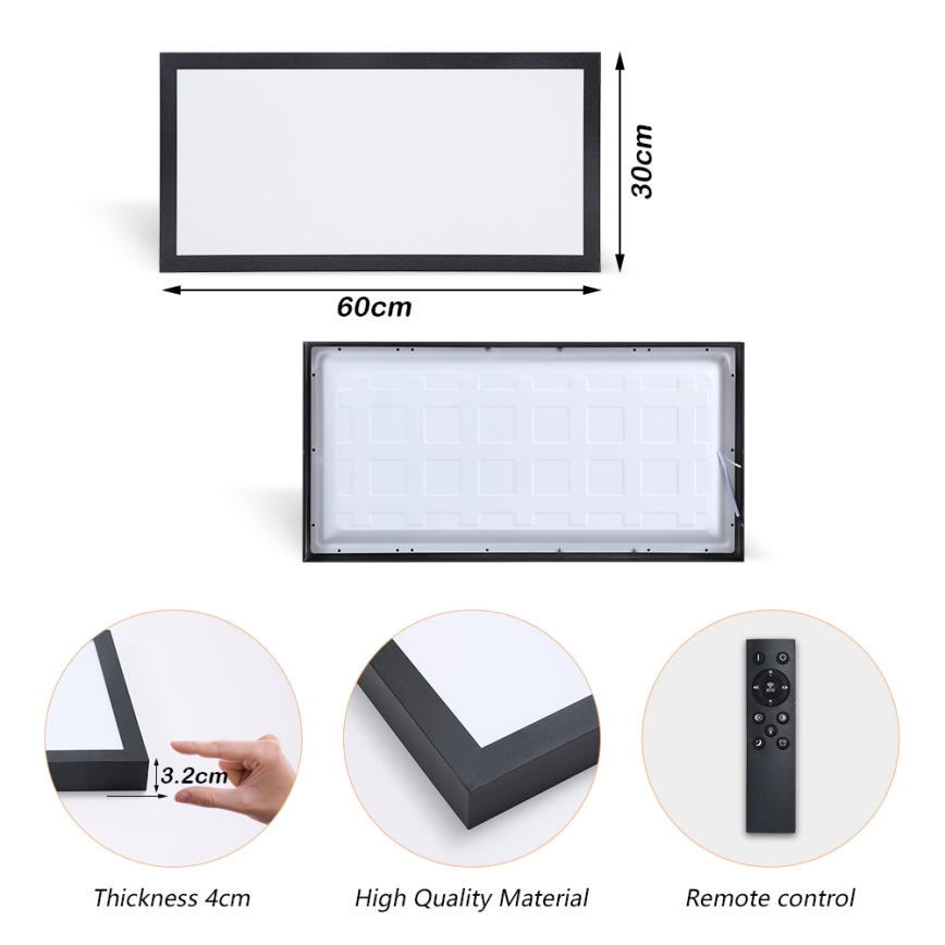 Brilagi - Iluminação de teto para casa de banho LED com regulação FRAME SMART LED/30W/230V 30x60 cm 3000-6000K  IP44 preto  + comando
