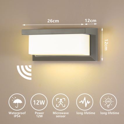 Brilagi - Iluminação LED de parede exterior com sensor BRICKY LED/12W/230V cinzento IP54