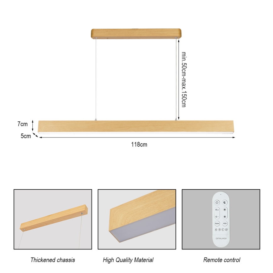 Brilagi - Lustre LED regulável SLEEKLINE SMART LED/40W/230V Wi‑Fi Tuya, acabamento em carvalho + comando remoto