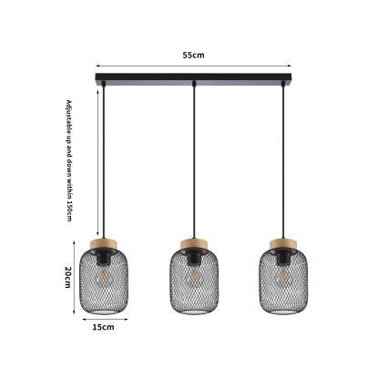 Brilagi - Lustre suspenso com cabo BASKLITE 3xE27/15W/230V seringueira/preto