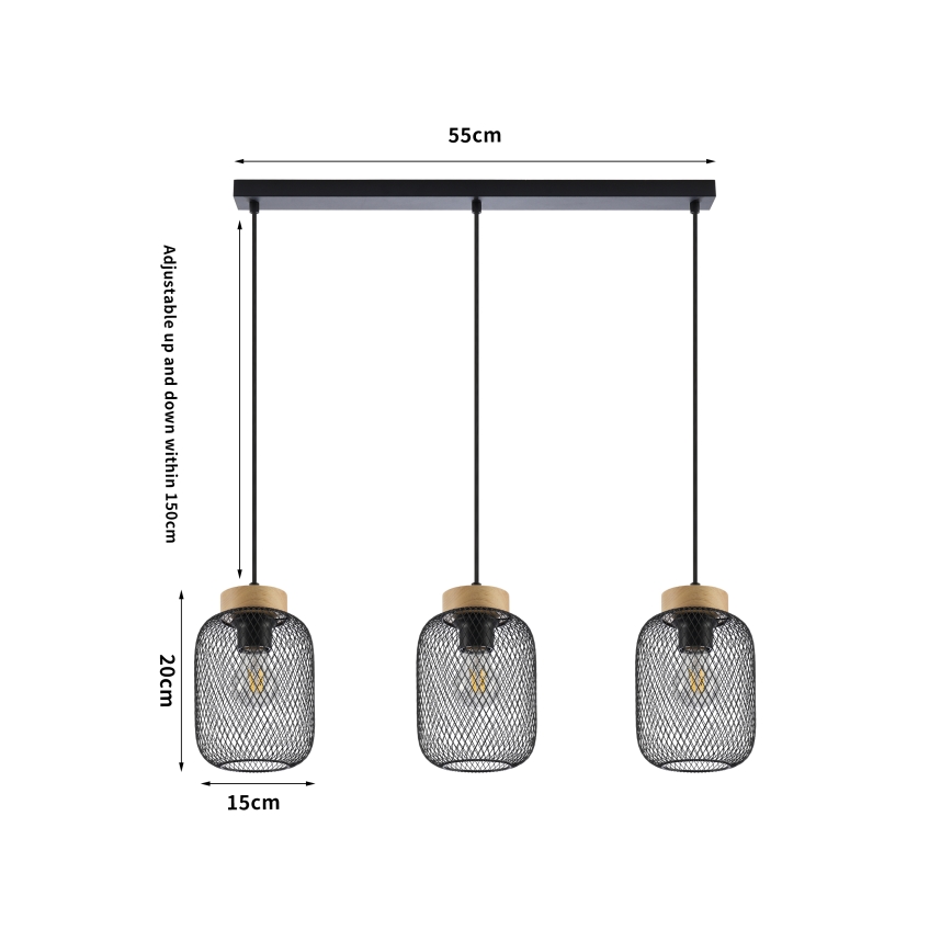 Brilagi - Lustre suspenso com cabo BASKLITE 3xE27/15W/230V seringueira/preto