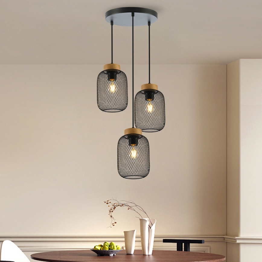Brilagi - Pendente em cabo BASKLITE 3xE27/15W/230V madeira de seringueira/preto