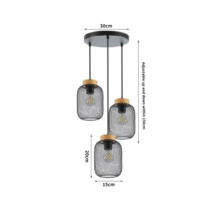 Brilagi - Pendente em cabo BASKLITE 3xE27/15W/230V madeira de seringueira/preto