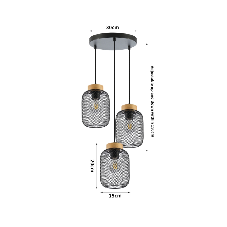 Brilagi - Pendente em cabo BASKLITE 3xE27/15W/230V madeira de seringueira/preto