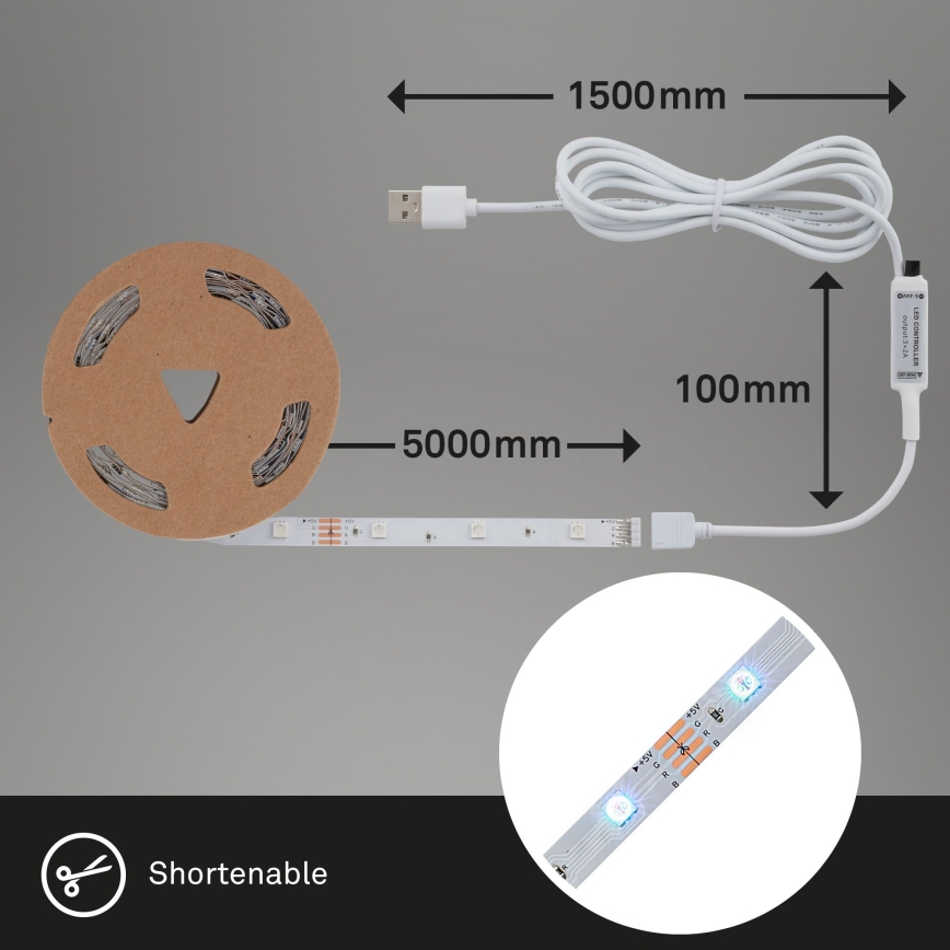 Brilo - Tira LED RGB com regulação 6,6m LED/6W/USB + comando