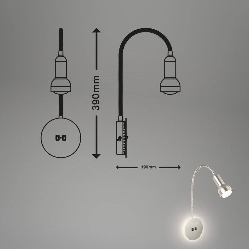 Briloner 2178012 - Candeeiro de parede LED flexível 1xE14/10W/230V + LED/3W cromado mate