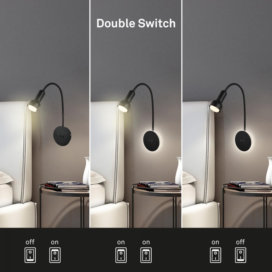 Briloner 2178015 - Candeeiro de parede LED flexível 1xE14/10W/230V + LED/3W preto
