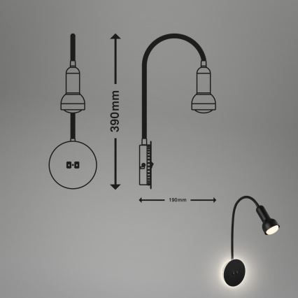 Briloner 2178015 - Candeeiro de parede LED flexível 1xE14/10W/230V + LED/3W preto
