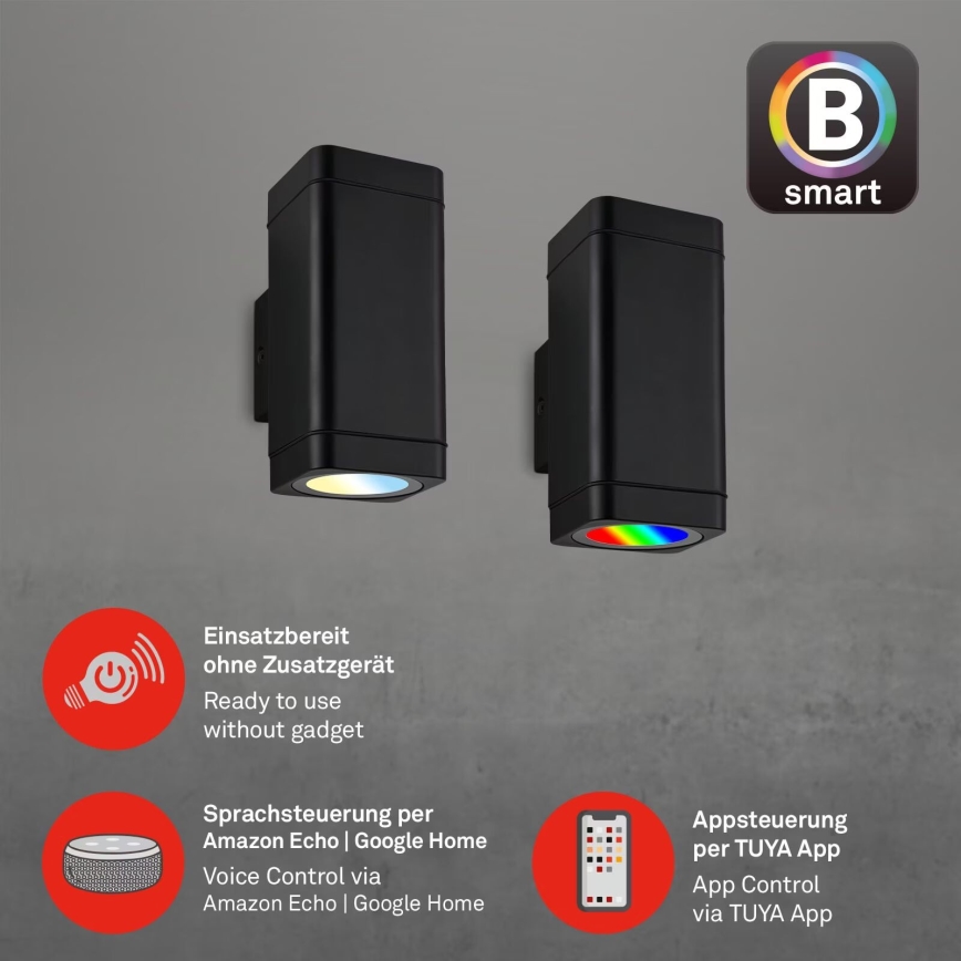 Briloner 3675-025 - Iluminação de parede exterior LED RGBW com regulação 2xLED/8,5W/230V 3000-6500K Wi-Fi Tuya IP44 preto