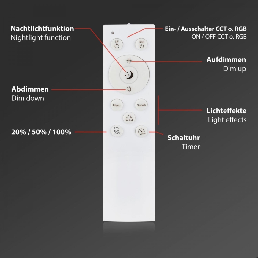Briloner 3709-015 - Iluminação de teto LED RGBW com regulação LED/22W/230V 4000K diâmetro 38 cm preto + comando