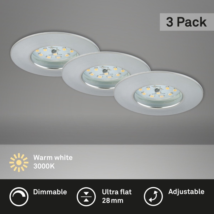 Briloner 7231-039 - Conjunto com 3 focos LED dimmerizáveis embutidos para casa de banho, LED/5,5W/230V IP44, cromado mate
