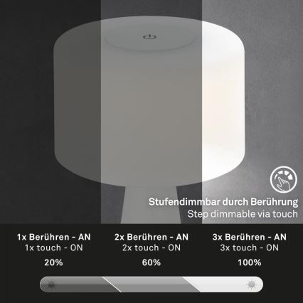 Briloner 7420016 - Candeeiro de mesa tátil LED para exterior com regulação LED/4W/5V IP44 3000K branco