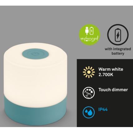 Briloner 7461010 - Candeeiro de mesa LED recarregável com regulação LED/2W/5V IP44 1200 mAh azul
