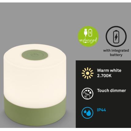 Briloner 7461019 - Candeeiro de mesa LED recarregável com regulação LED/2W/5V IP44 1200 mAh verde