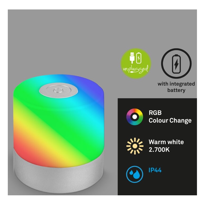 Briloner 7462014 - Candeeiro de mesa LED RGB para exterior  LED/1,5W/5V IP44 cromado mate