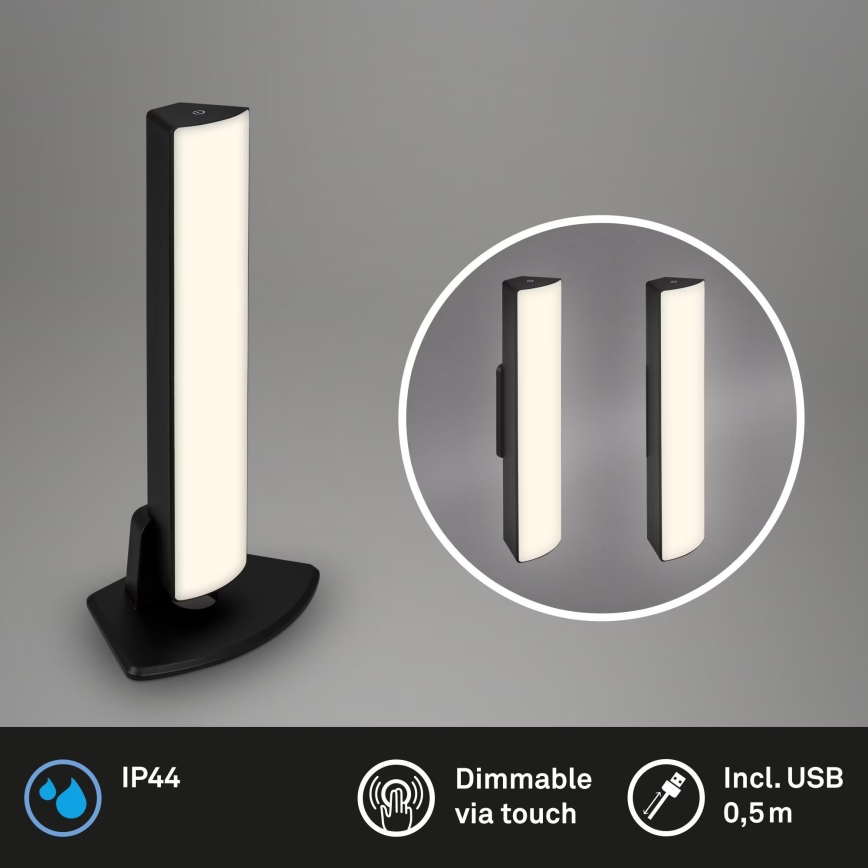 Briloner 7474-015 - Candeeiro de mesa para exterior LED tátil com regulação 2em1 LED/7W/5V 2200 mAh USB 3000K IP44 preto