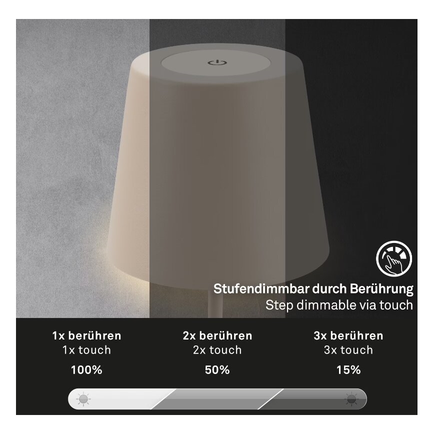 Briloner 7508011 - Lâmpada de mesa exterior recarregável LED regulável 2 em 1 LED/2,5W/5V IP44 bege