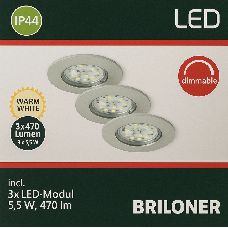 Briloner - CONJUNTO 3x Focos de encastrar LED para casa de banho com regulação LED/5,5W/230V IP44