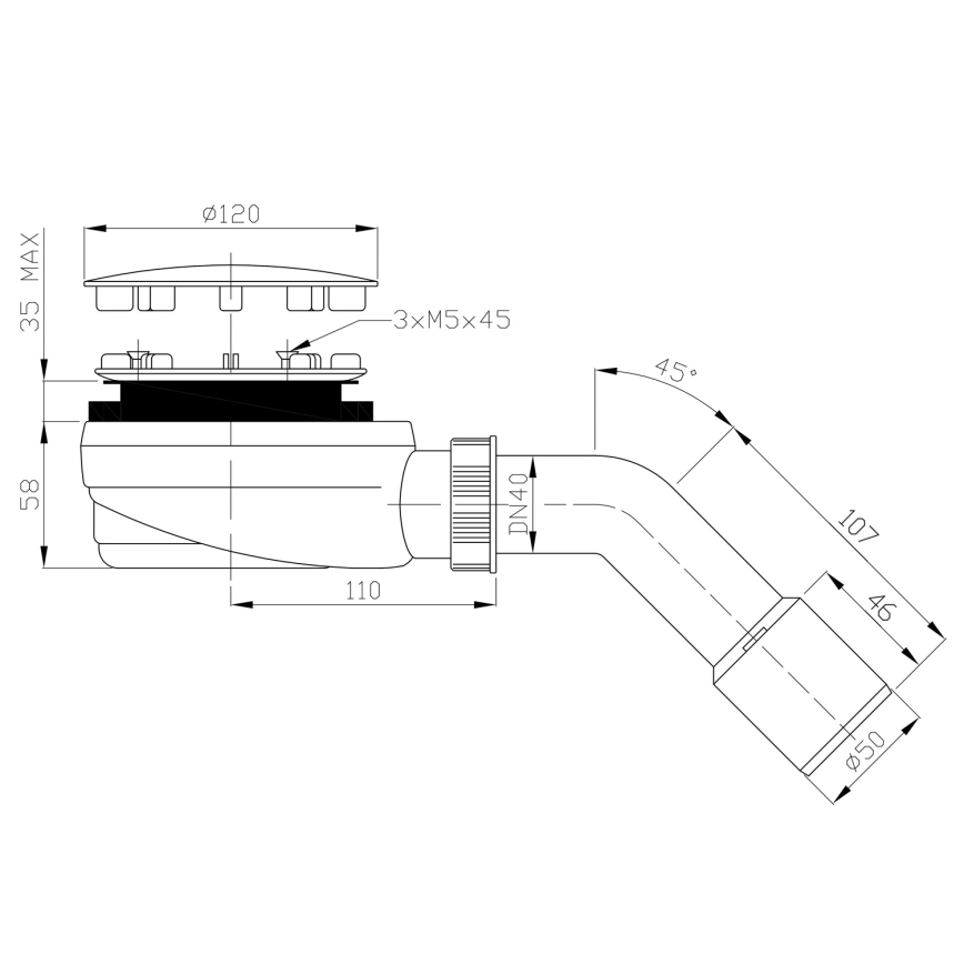 Bruckner - Sifão para base de duche baixo DN40/50 branco/polido aço inoxidável