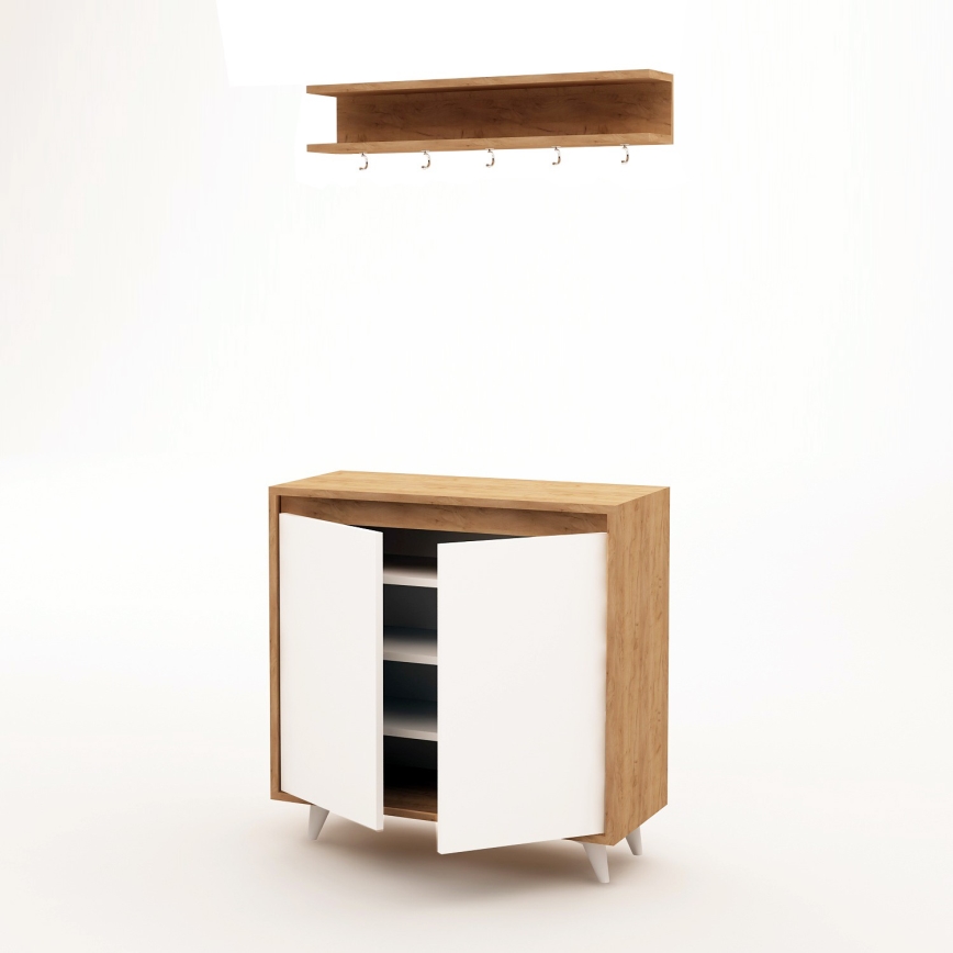 Cabide de parede OBSOYO 15x80 cm + sapateira 100x80 cm castanho/branco
