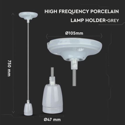 Cabo de carregamento 1xE27/60W/230V cinzento/porcelana