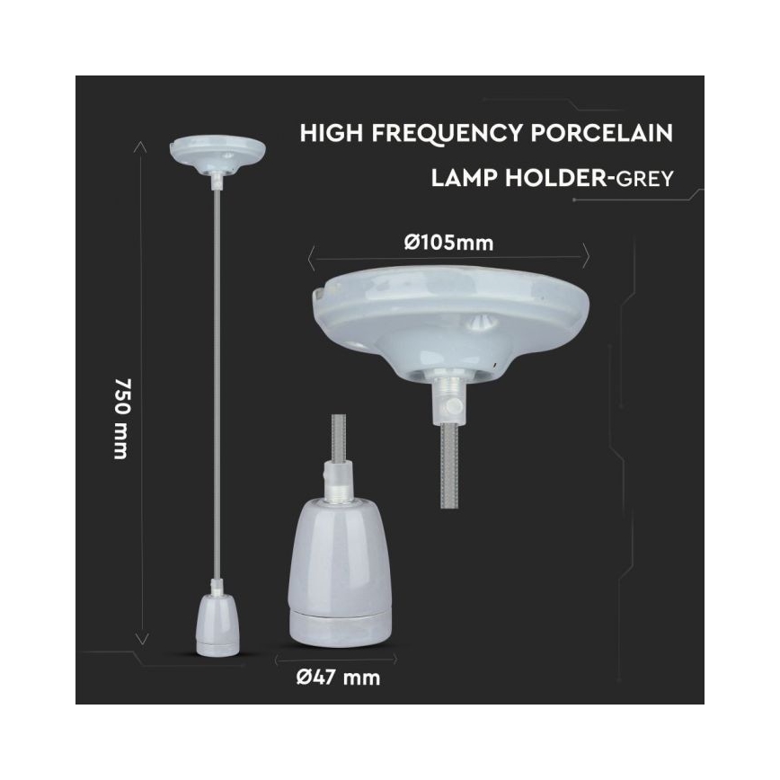 Cabo de carregamento 1xE27/60W/230V cinzento/porcelana
