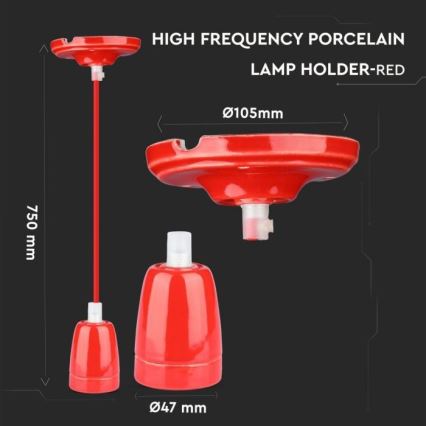 Cabo de carregamento 1xE27/60W/230V vermelho/porcelana