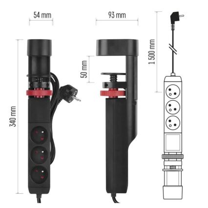 Cabo de extensão com fixação para mesa 3Z + 3xUSB 1,5m preto