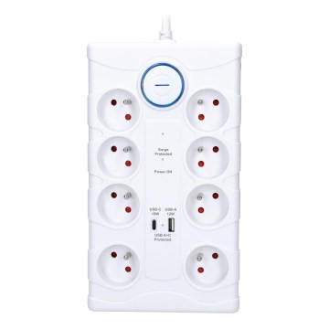 Cabo de extensão com interruptor 8Z Tipo E + 1xUSB-A + 1xUSB-C 2m branco