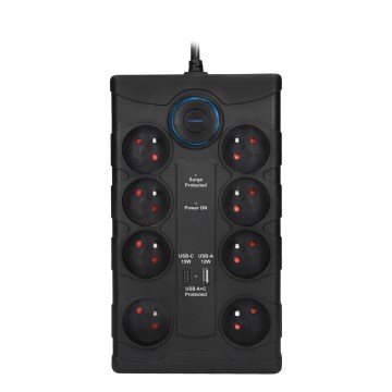 Cabo de extensão com interruptor 8Z Tipo E + 1xUSB-A + 1xUSB-C 2m preto