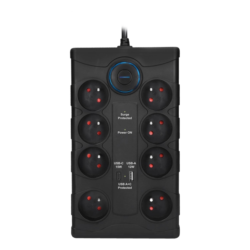 Cabo de extensão com interruptor 8Z Tipo E + 1xUSB-A + 1xUSB-C 2m preto