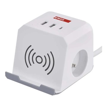 Cabo de extensão cubo com carregamento sem fios QI 2Z +2xUSB-A+1xUSB-C 2m branco