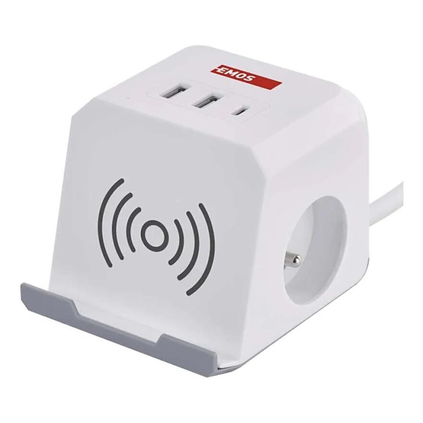 Cabo de extensão cubo com carregamento sem fios QI 2Z +2xUSB-A+1xUSB-C 2m branco