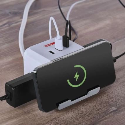 Cabo de extensão cubo com carregamento sem fios QI 2Z +2xUSB-A+1xUSB-C 2m branco