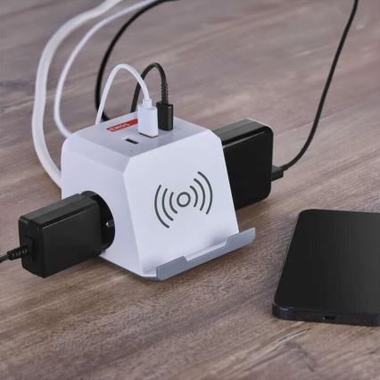 Cabo de extensão cubo com carregamento sem fios QI 2Z +2xUSB-A+1xUSB-C 2m branco
