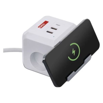 Cabo de extensão cubo com carregamento sem fios QI 2Z +2xUSB-A+1xUSB-C 2m branco