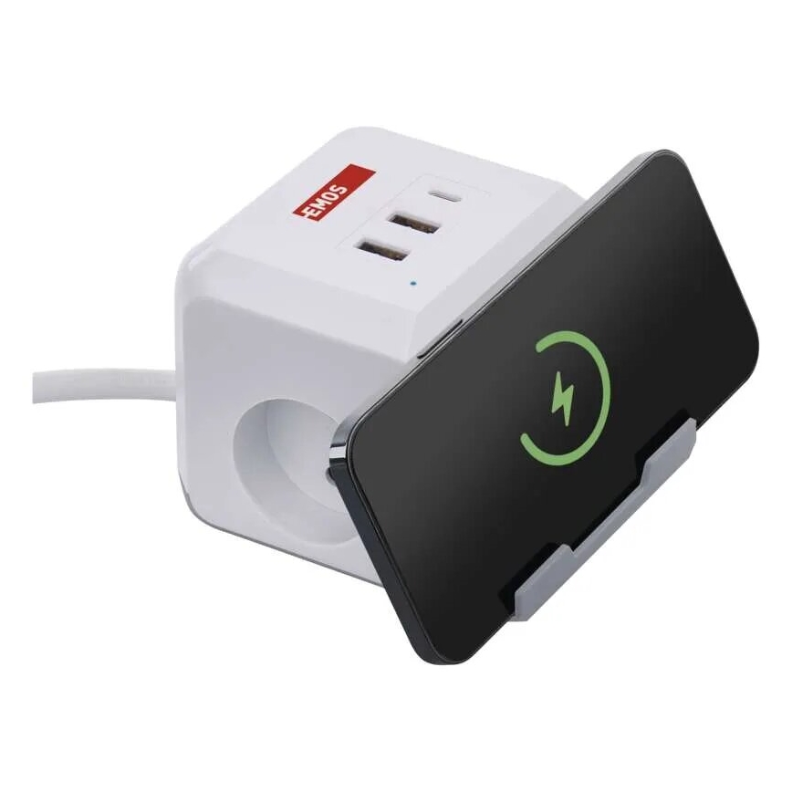 Cabo de extensão cubo com carregamento sem fios QI 2Z +2xUSB-A+1xUSB-C 2m branco