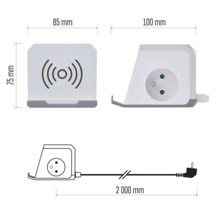 Cabo de extensão cubo com carregamento sem fios QI 2Z +2xUSB-A+1xUSB-C 2m branco