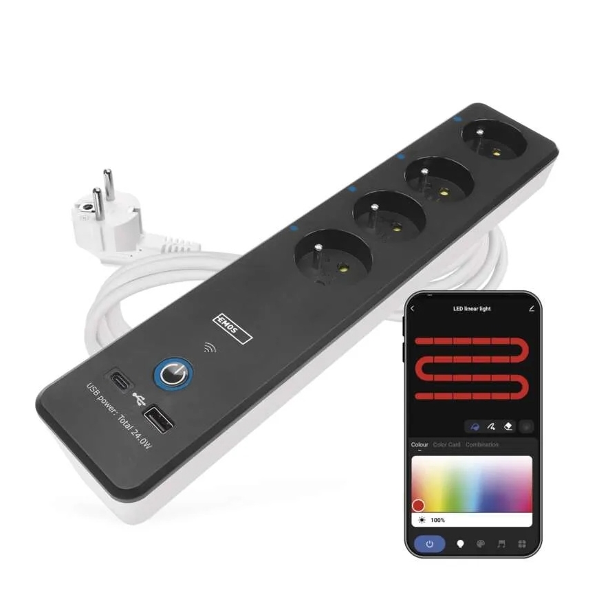 Cabo de extensão inteligente com interruptor GoSmart 4Z + 1xUSB-A + 1xUSB-C 2 m Wi-Fi Tuya