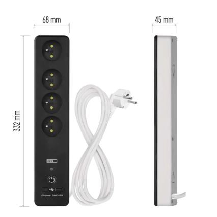 Cabo de extensão inteligente com interruptor GoSmart 4Z + 1xUSB-A + 1xUSB-C 2 m Wi-Fi Tuya