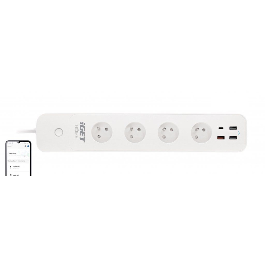 Cabo de extensão inteligente com interrutor 1,5 m 4Z + 4xUSB Wi-Fi