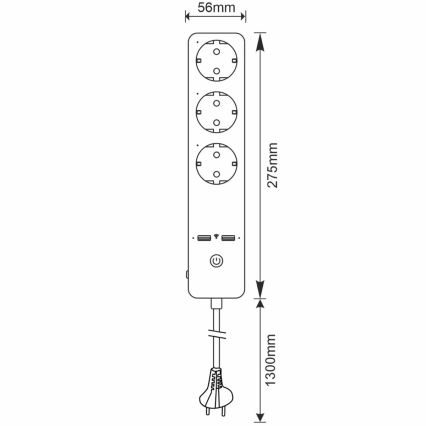 Cabo de extensão SMART com interruptor 1,5m + 2xUSB/Wi-Fi Tuya SCHUKO