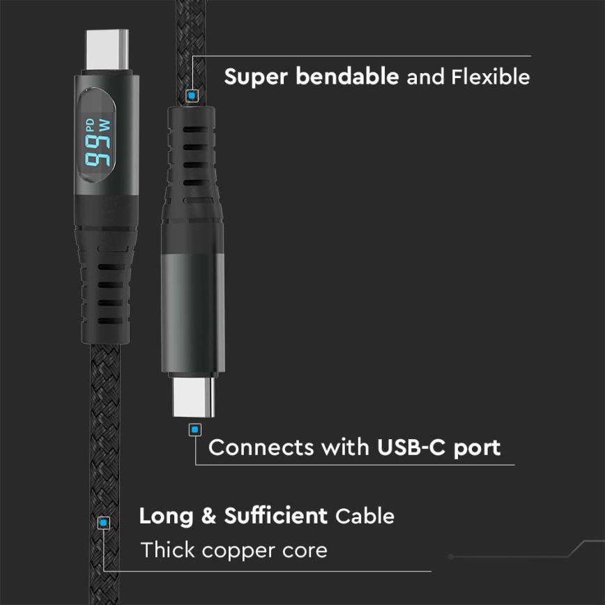 Cabo USB TYPE C conector LED display 1m