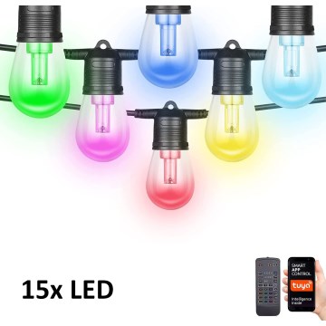 Cadeia de luzes LED RGB+CCT regulável para exterior GIRLANDA 15xLED/1W/230V 15m Wi-Fi Tuya IP65 + controlo remoto