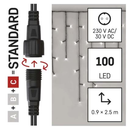 Cadeia de luzes LED exterior para Natal 100xLED/2,5x0,9m IP44 branco frio