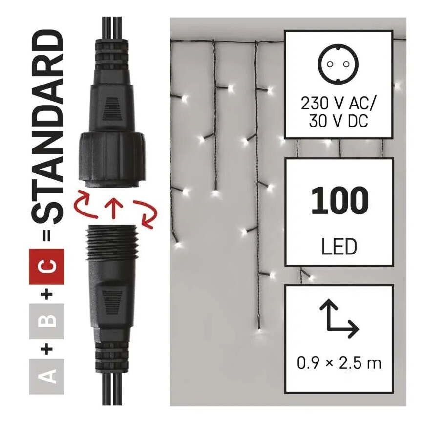 Cadeia de luzes LED exterior para Natal 100xLED/2,5x0,9m IP44 branco frio