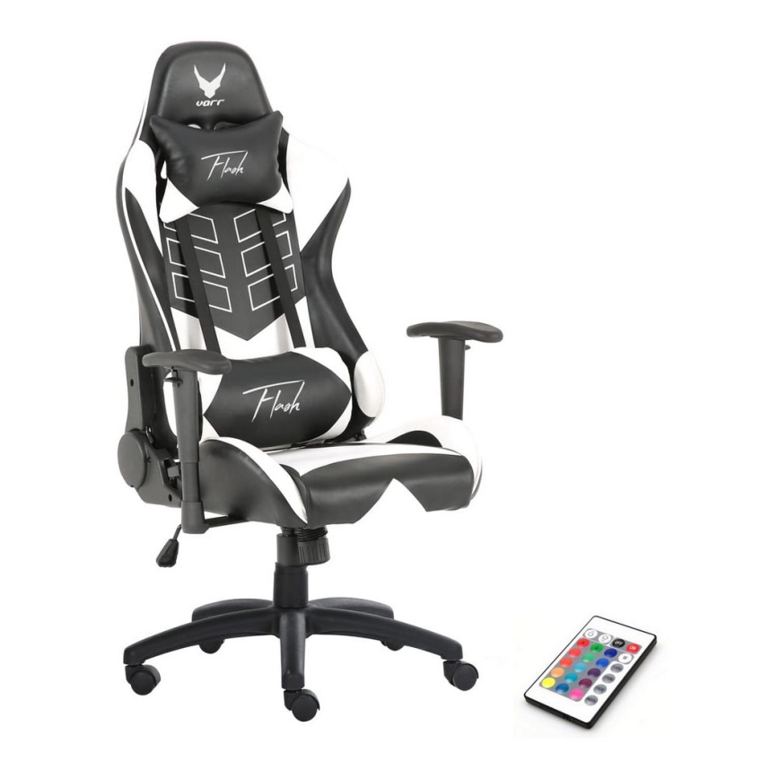 Cadeira de jogo VARR Flash com retroiluminação LED RGB + controlo remoto preto/branco