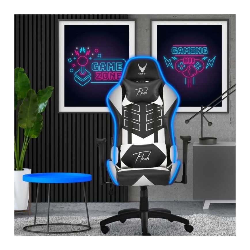 Cadeira de jogo VARR Flash com retroiluminação LED RGB + controlo remoto preto/branco